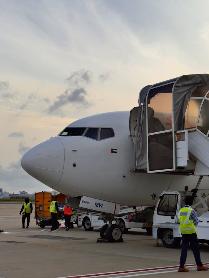 A commercial airplane ready for boarding with crew assistance on an airport tarmac.